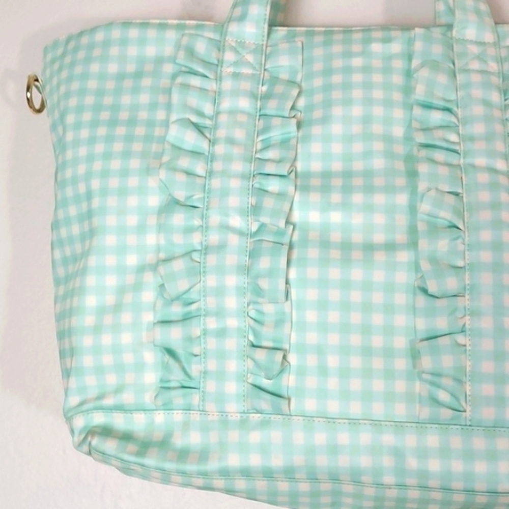 Stoney Clover Lane Ruffle Tote Bag Mint Chip Gingham - Picture 2 of 16